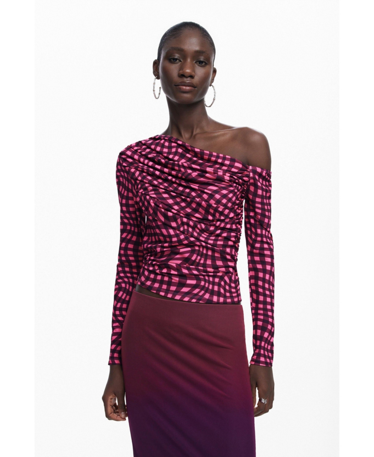 Desigual Women's Asymmetric T-shirt With Psychedelic Checks In Pink