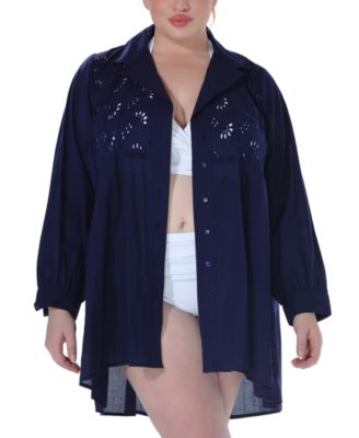 Raviya - Plus Size Cotton Eyelet Button-Front Cover-Up Dress