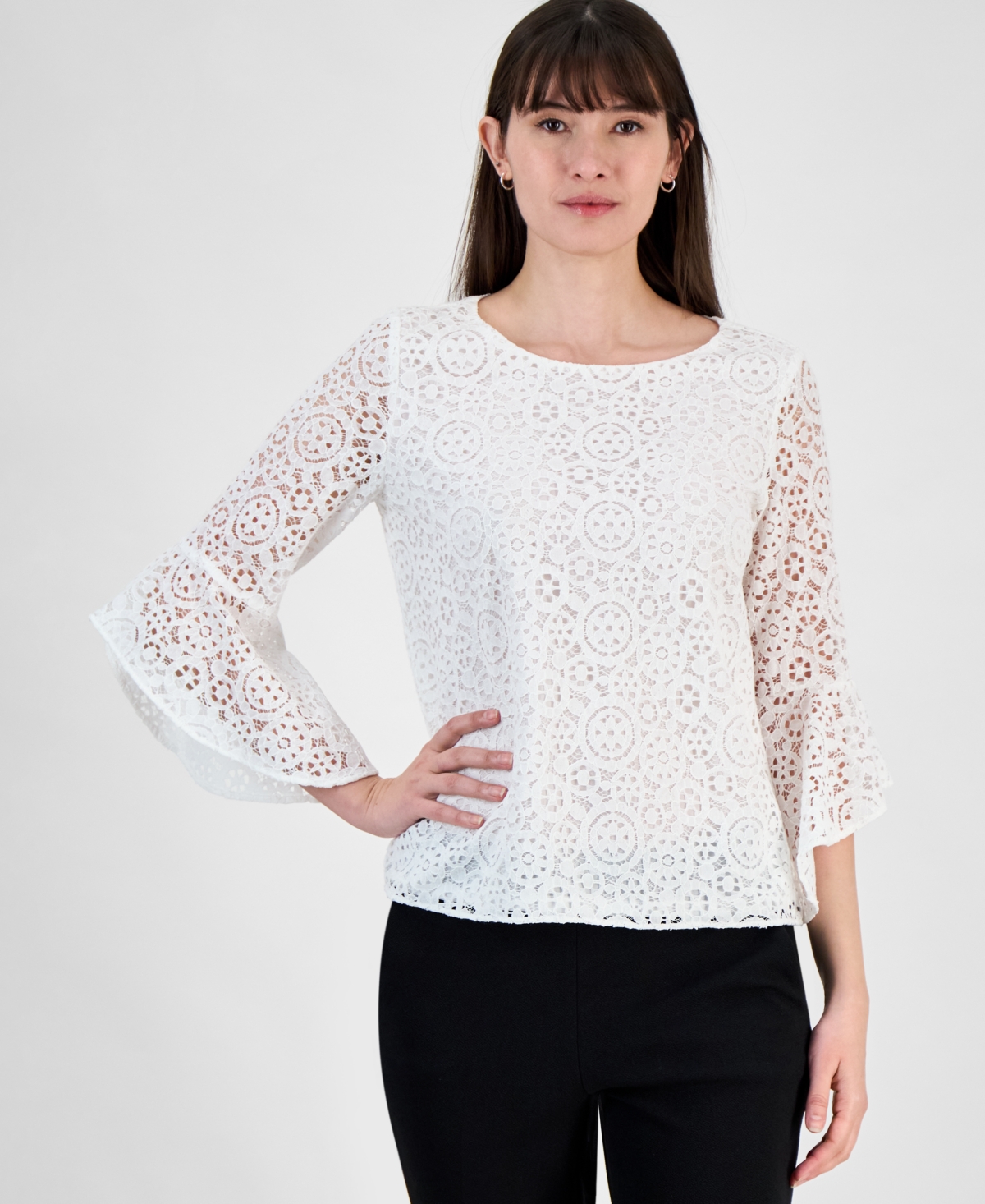 Women's Lace Bell-Sleeve Ruffle-Cuff Top, Regular and Petite - Lily White