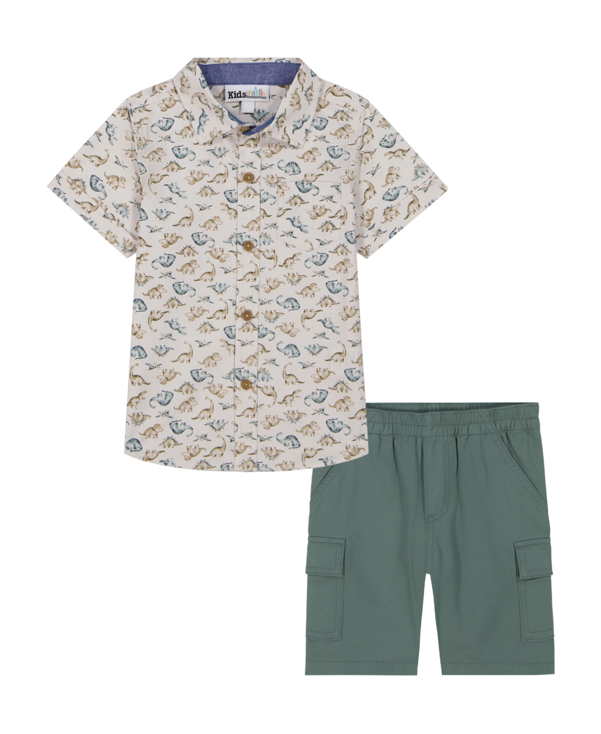 Kids Headquarters Toddler And Little Boys Short Sleeve Fish Print Poplin Shirt And Twill Shorts, 2-piece Set In Navy Print,bright White