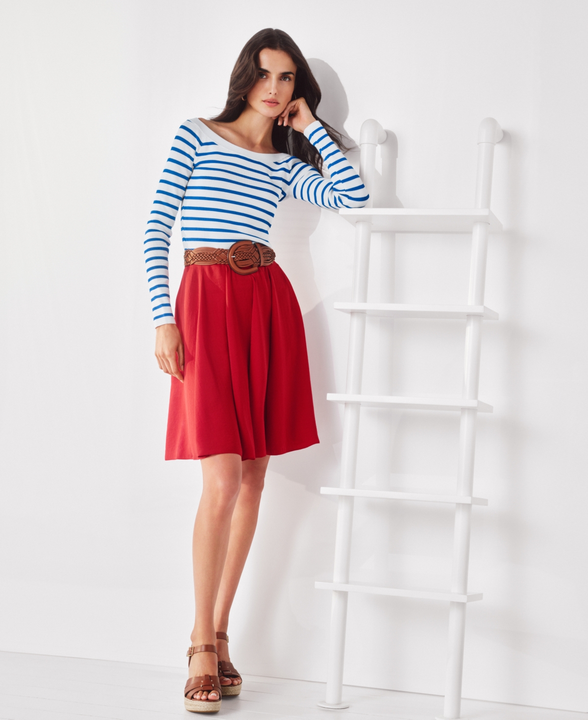 Women's Striped Ballet-Neck Sweater - White/New Sapphire