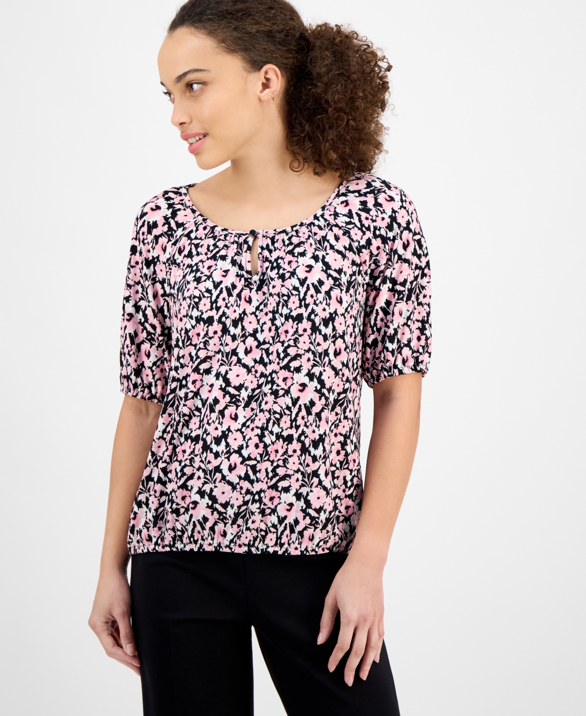 Petite Elbow-Sleeve Keyhole-Cutout Floral-Print Top - Peony Pink Multi