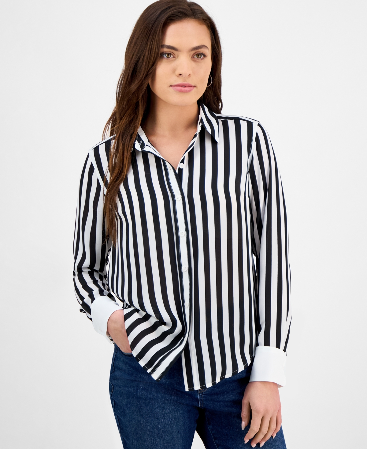 Inc International Concepts Petite Striped Contrast-cuff Shirt, Exclusively At Macy's In Anna Strip
