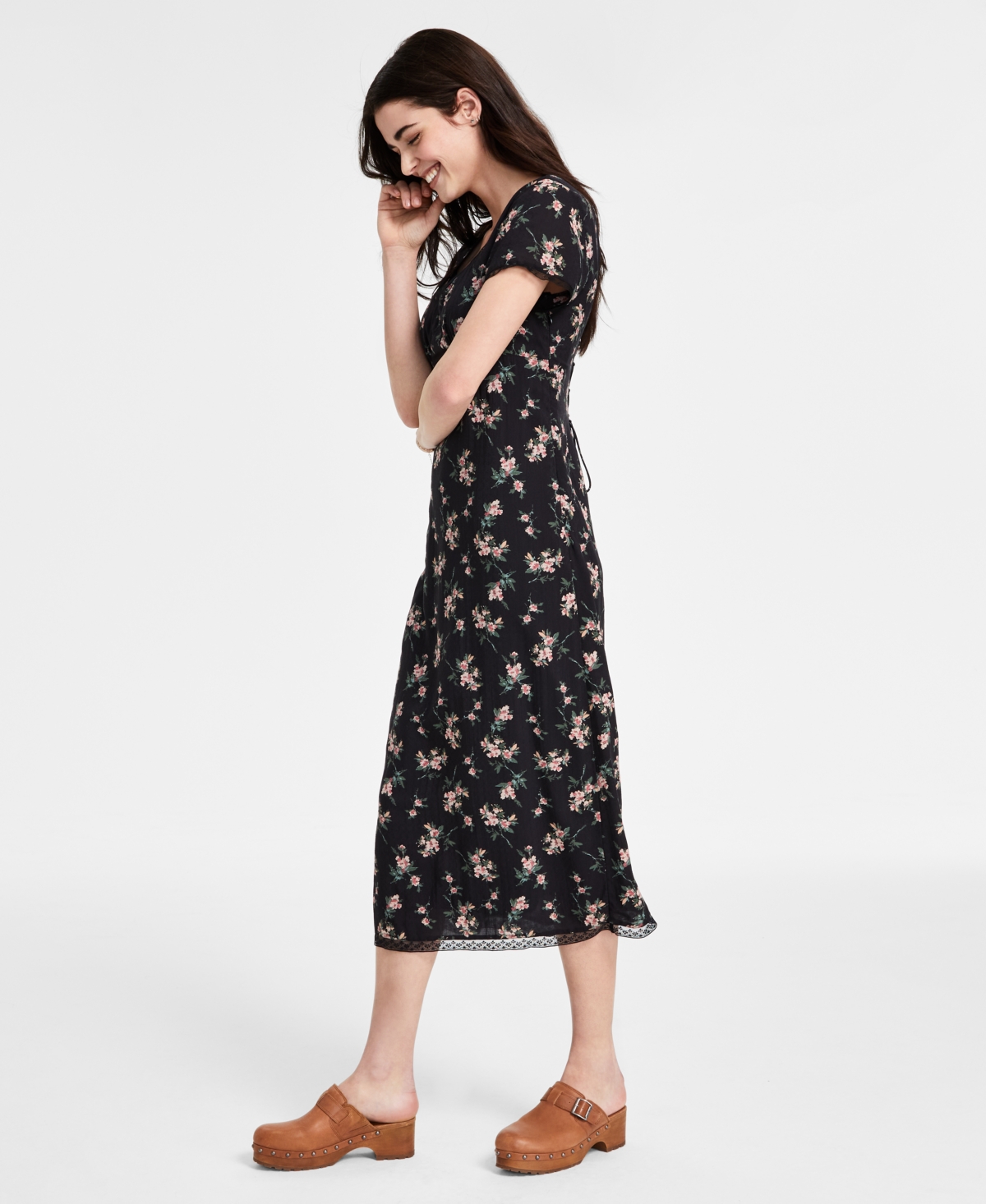 Shop Lucky Brand Women's Floral Lace-trim Midi Dress In Black Floral