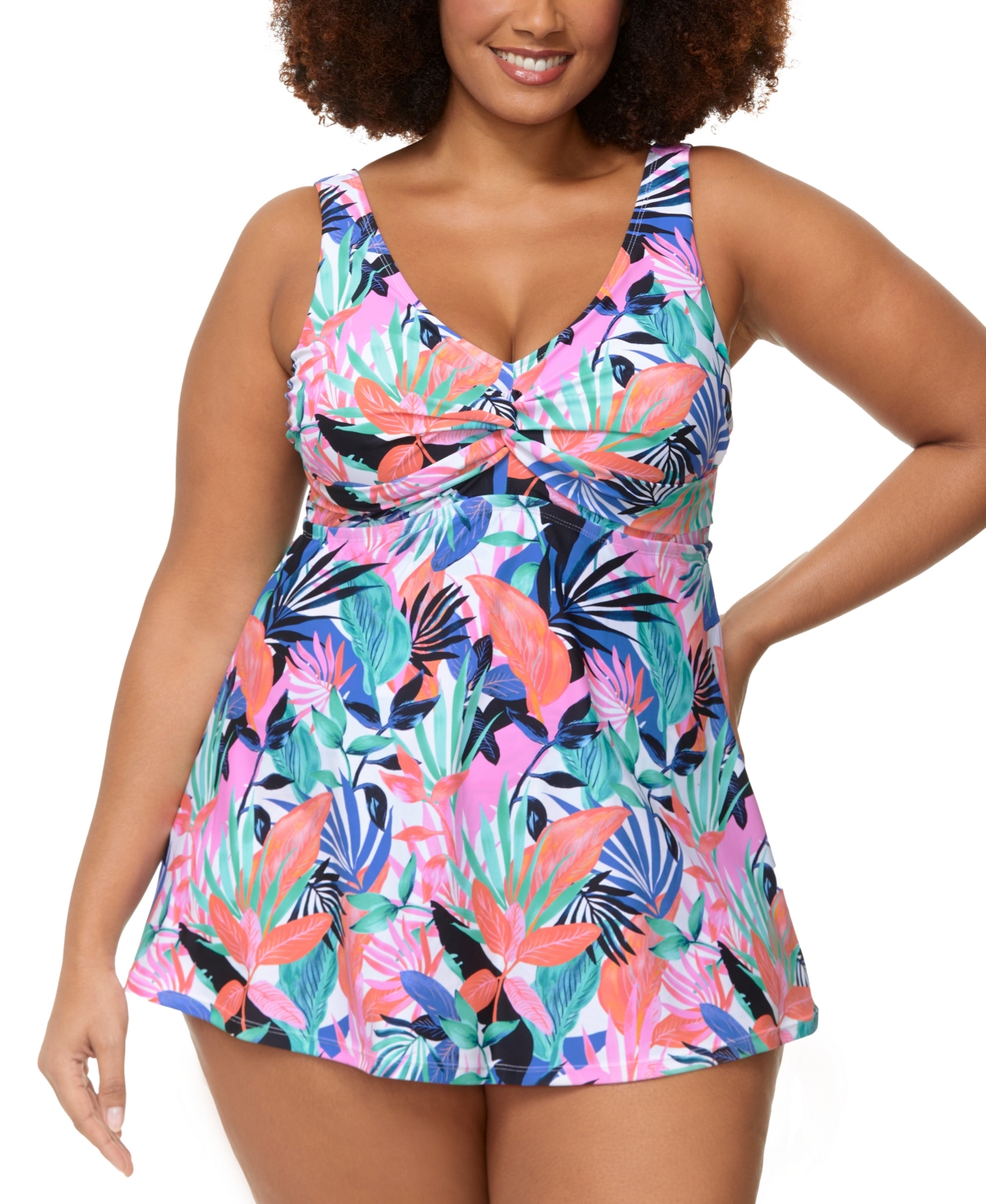 Plus Size Lucia Printed Knot-Front Swim Dress - White Multi