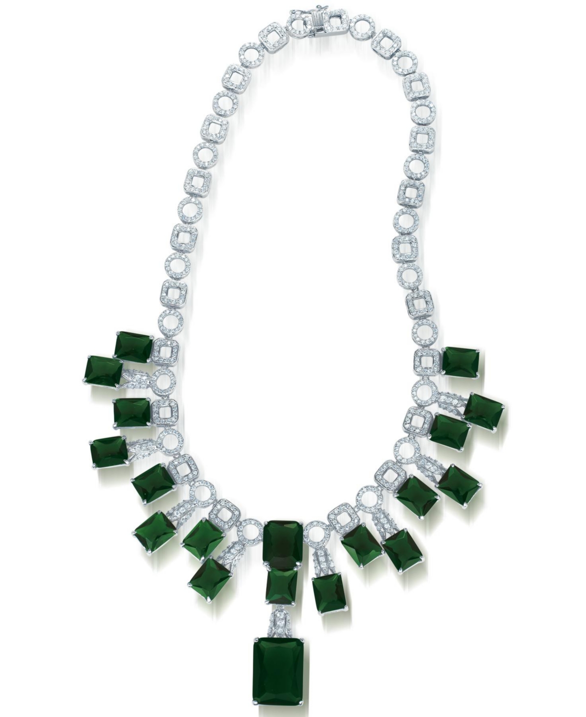 Cubic Zirconia Sterling Silver White Gold Plated Heavy Green Cubic Zirconia Necklace - Green