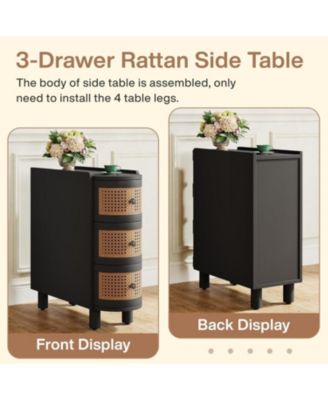 Solid Wood End Table, No Assembly Required, 3-Drawer Rattan Nightstand with Exquisite Embossed Handles, Perfect for Living Room, Bedroom Storage, 1 Pcs