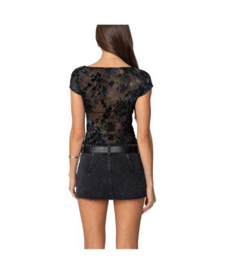 Womens Lacey Mesh Cowl Neck Top