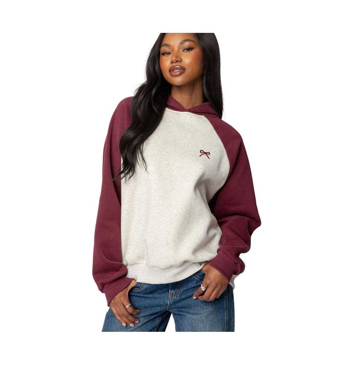 Womens Raglan Bow Oversized Hoodie - Burgundy-and-gray-melange