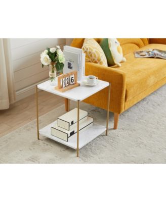 Side End Table with Faux Marble Storage Shelves & Gold Metal Frame, Nightstand for Bedroom, Living Room, or Modern Accent Table