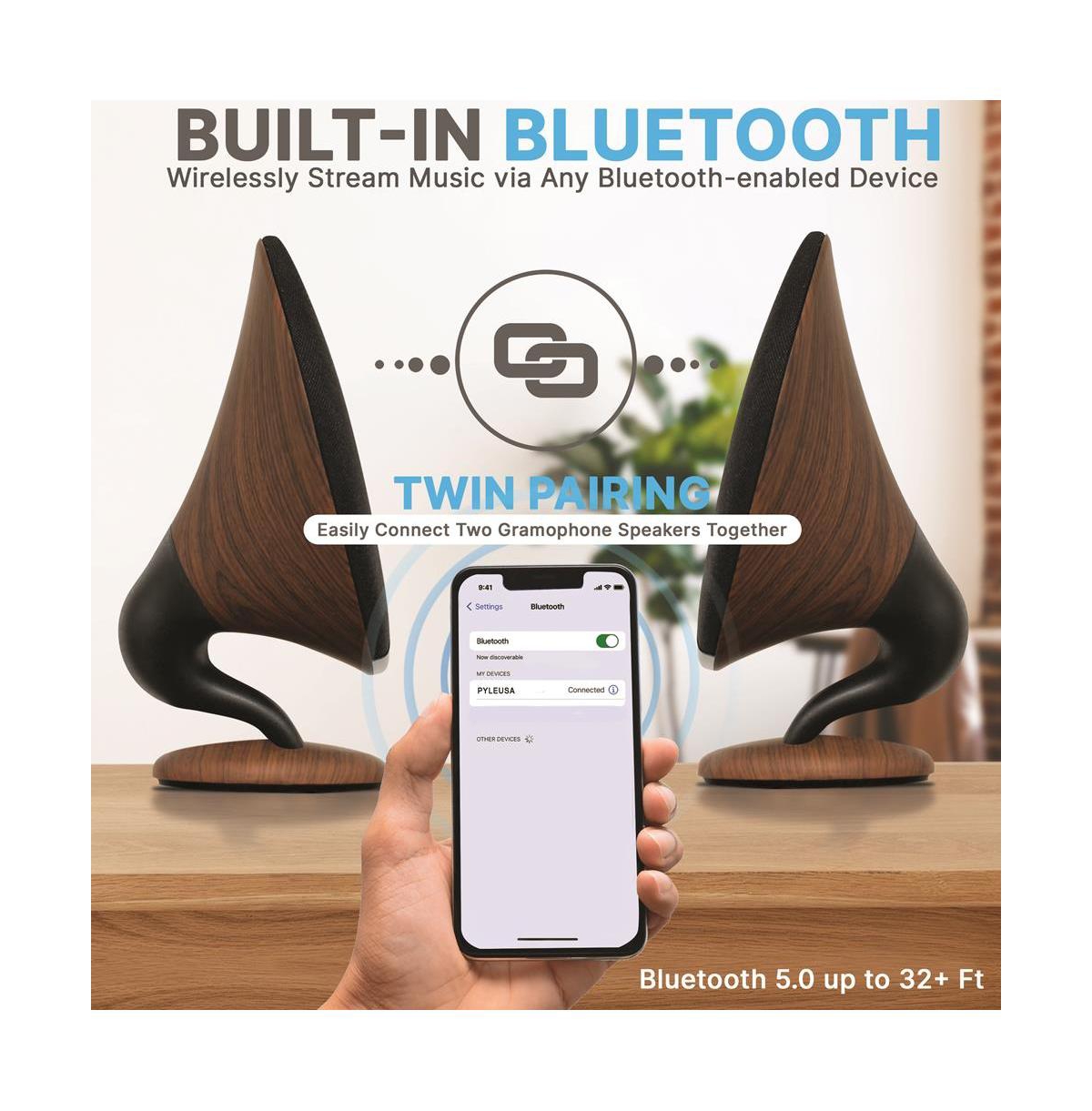 Pyle Portable Wireless Bt Streaming Gramophone Speaker with Subwoofer, Oak Finish