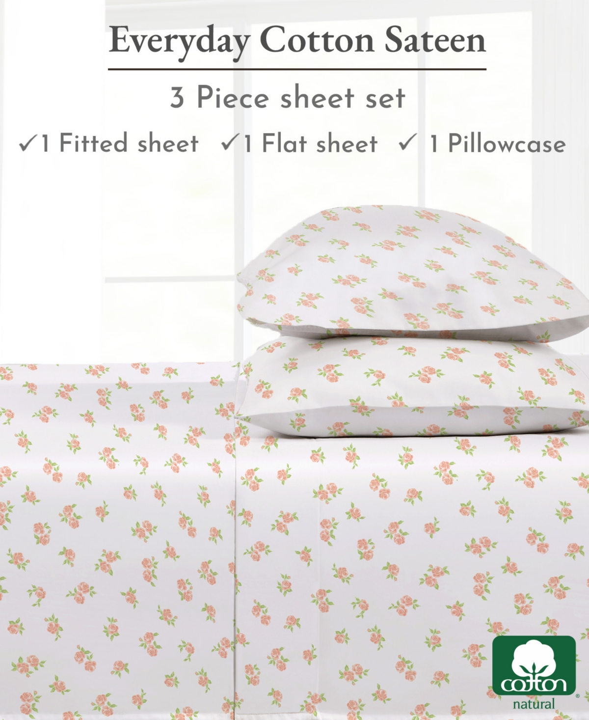 Floral Sheet Set Twin Xl, Soft 100% Cotton Sheets, Sateen, 3 Pc Deep Pocket Bedding Sheets & Pillowcase - Chic