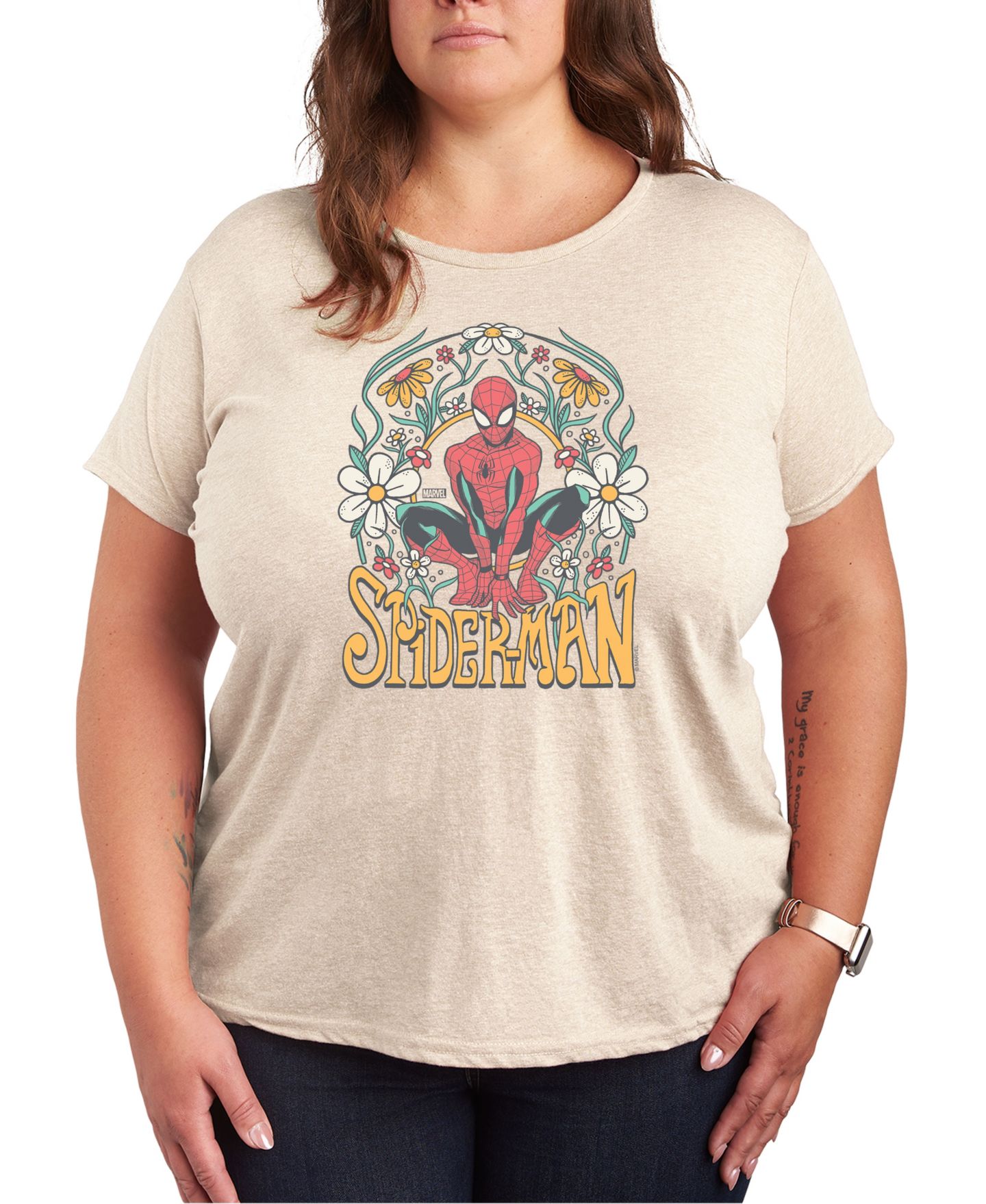 Женская футболка Hybrid Apparel Plus Size Marvel Spider-Man Graphic Crew Neck, цвет: Бежевый / Хаки — фото 1