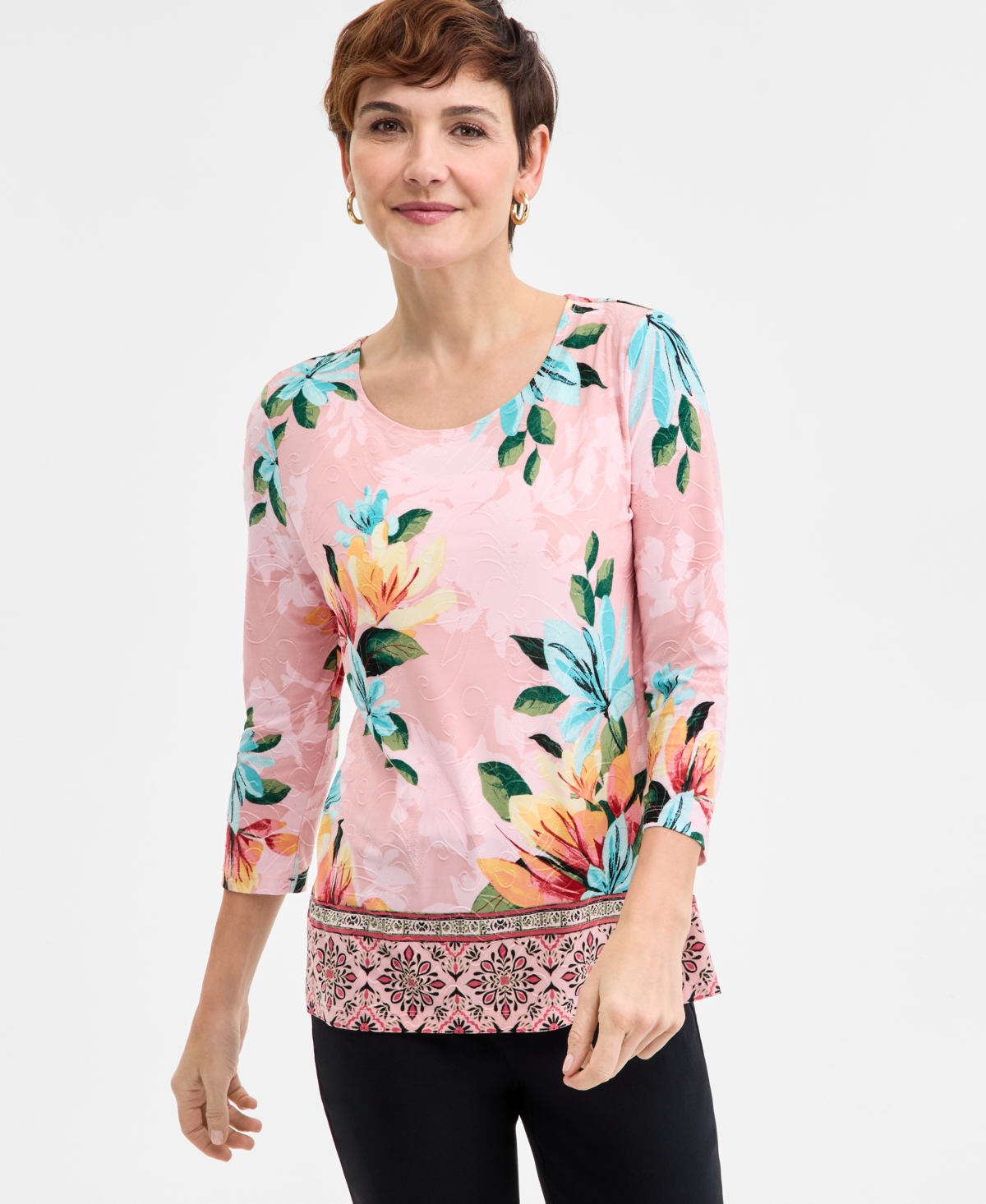 Shop Jm Collection Women's Printed 3/4 Sleeve Scoop-neck Jacquard Top, Exclusively At Macy's In Rosy Cheek