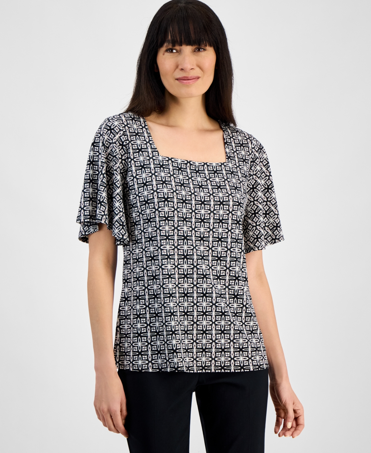 Jm Collection Women's Printed Knit Crepe Top, Exclusively At Macy's In Deep Black