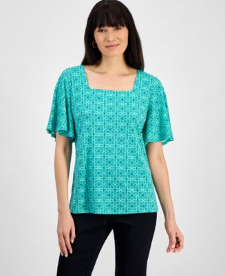 JM Collection Women's Printed Flutter-Sleeve Square Neck