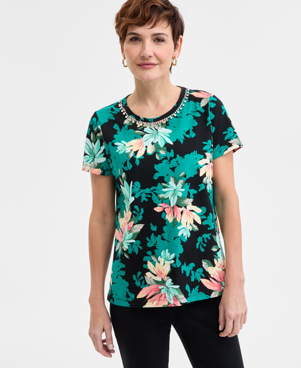 Jm Collection Women's Embellished Cotton Polished T-shirt, Exclusively At Macys In Floral Black Print