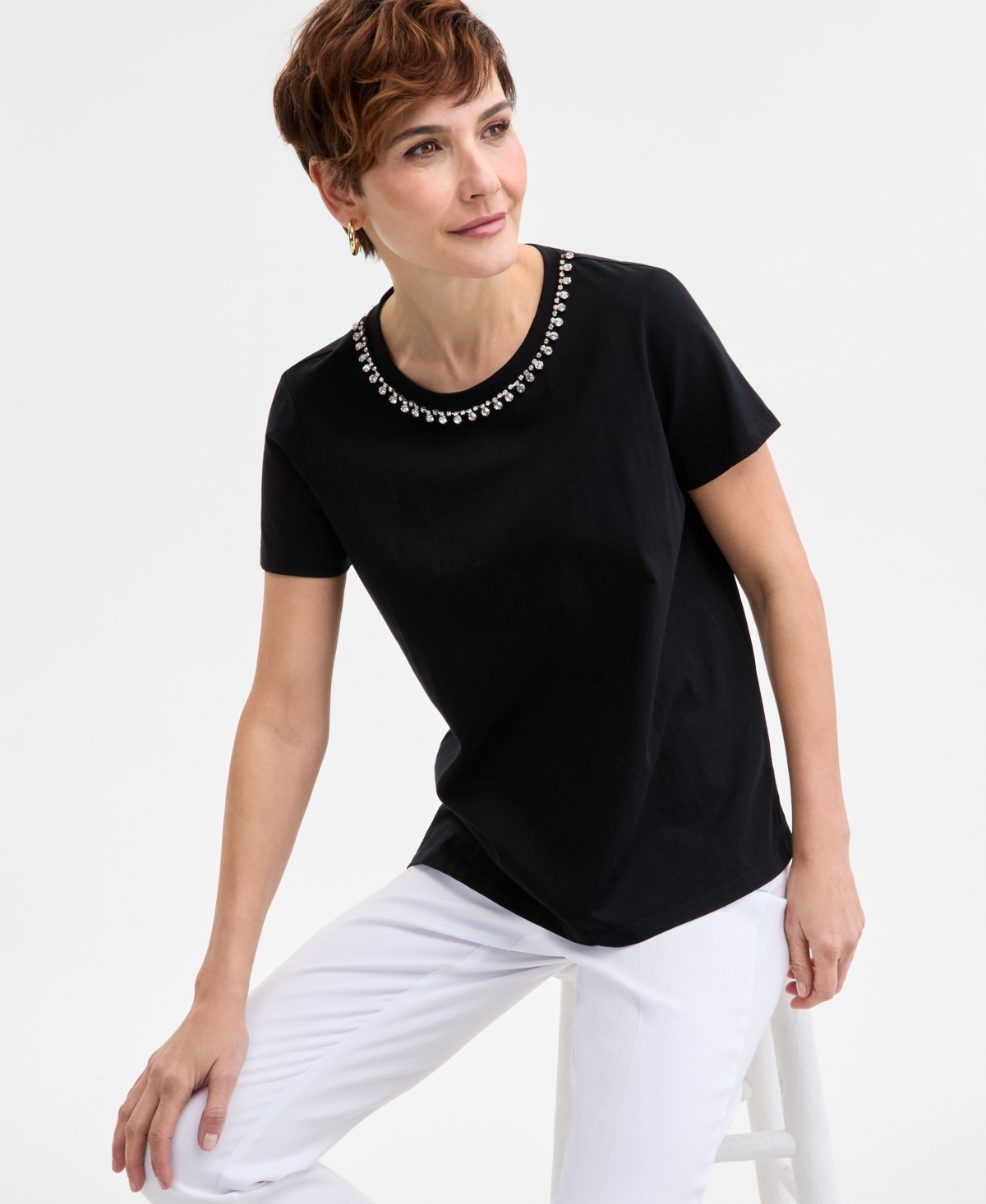 Shop Jm Collection Women's Embellished Cotton Polished T-shirt, Exclusively At Macys In Deep Black