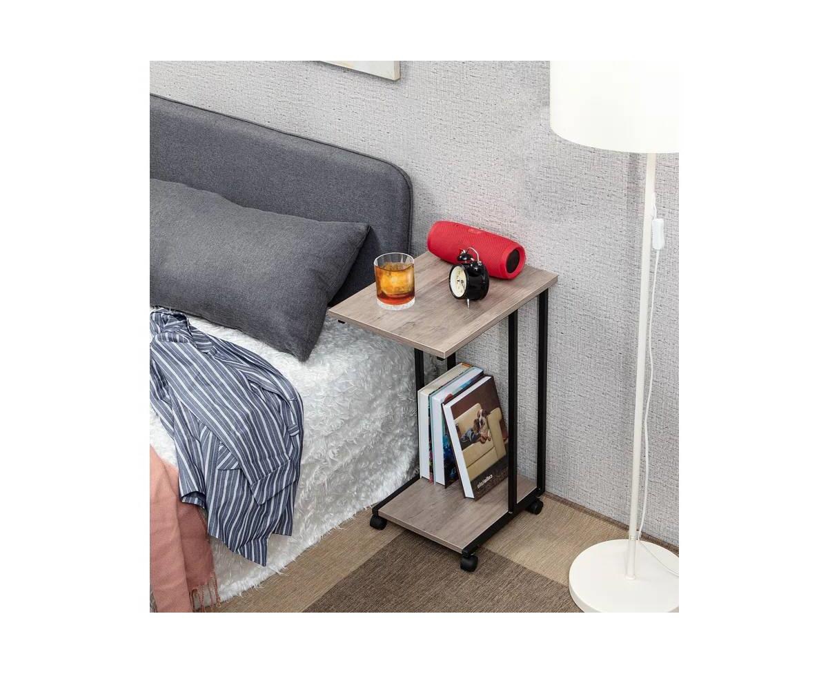 Rolling Bedside Table – Industrial Metal & Wood Tv Tray Table with Locking Casters for Sofa or Bed