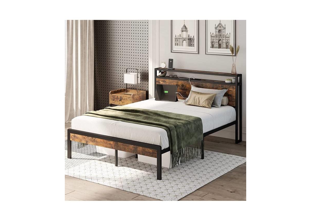 Slickblue Industrial Platform Bed Frame with Storage Headboard and Built-In Power Outlets for Convenience - Brown