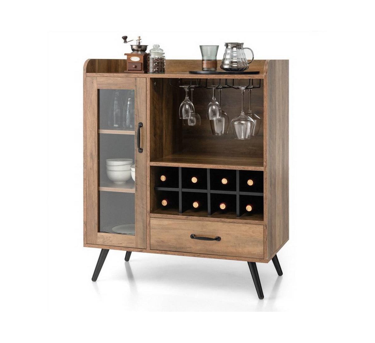 Slickblue Mid-Century Modern Sideboard Wood Buffet Cabinet with Wine Rack and Glass Storage - Brown