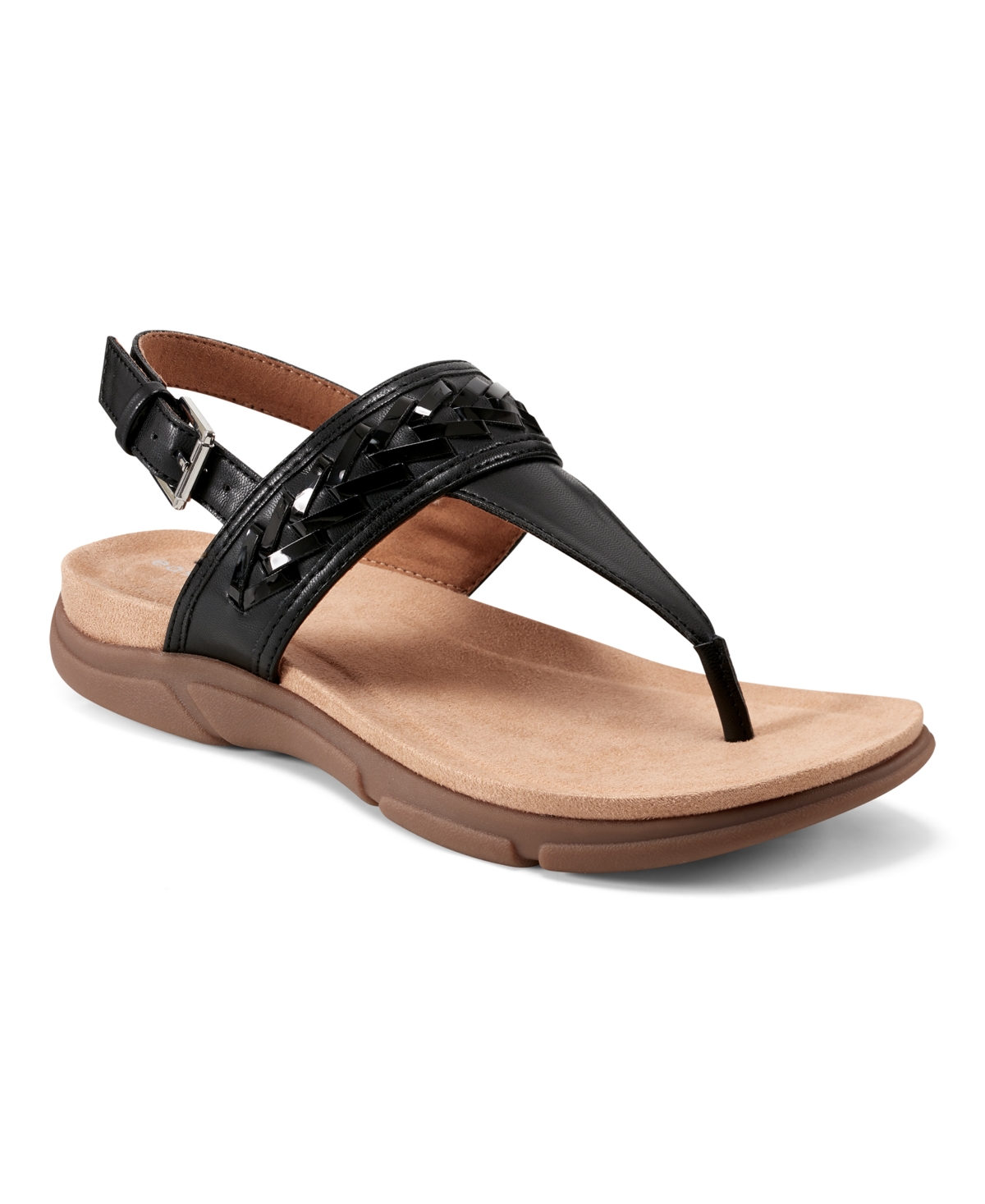 Easy Spirit Women's Monte Woven T-strap Flat Sandals In Black Smooth,black Patent