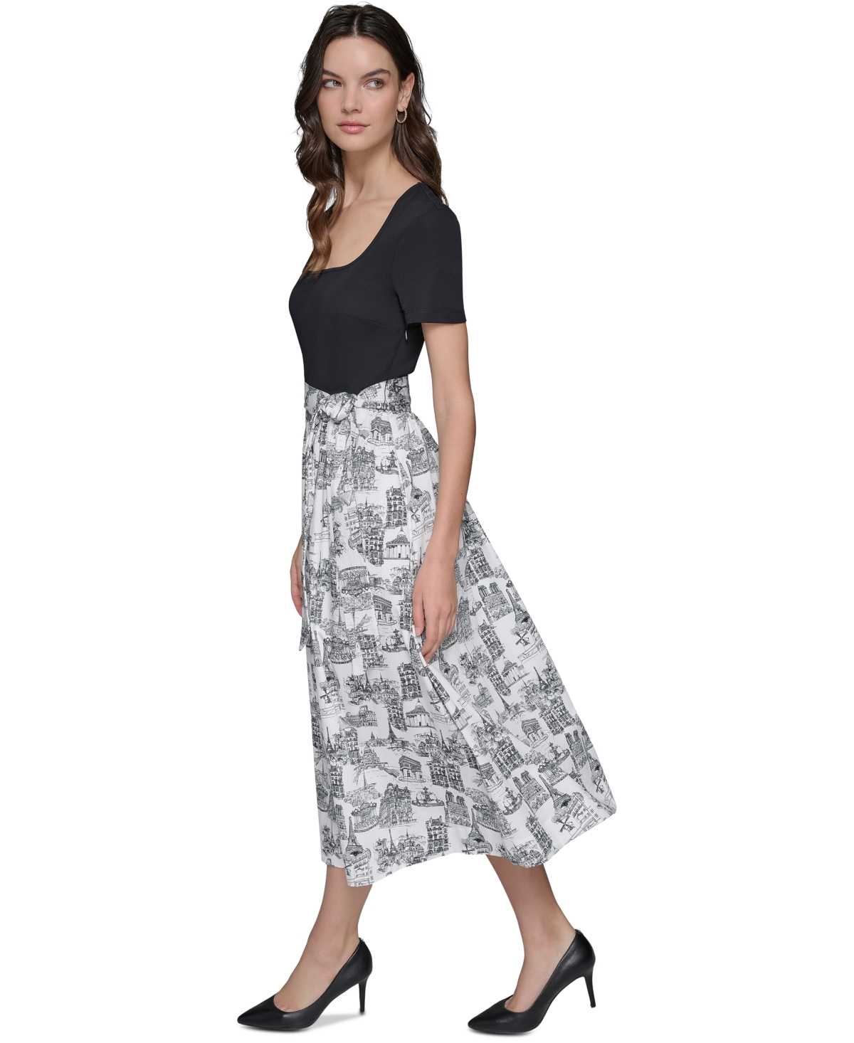Shop Karl Lagerfeld Women's Mixed-media Short-sleeve Midi Dress In Blk,sft White Combo