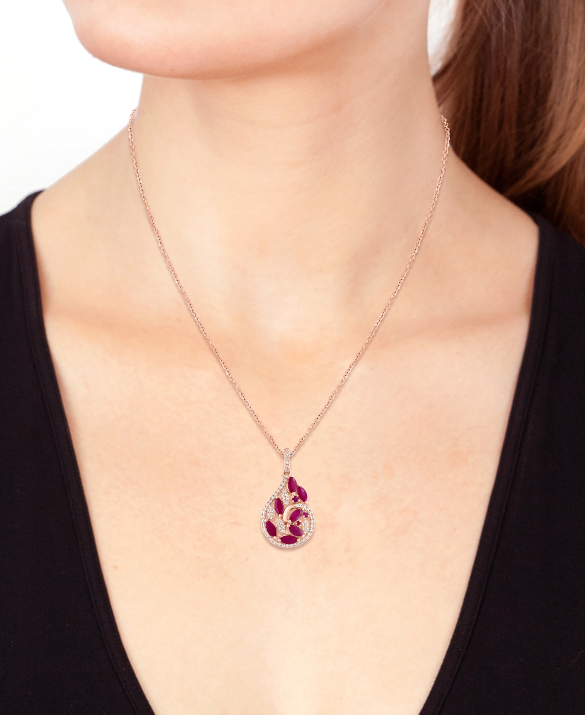 Effy Collection Effy Ruby (1-1/8 Ct. T.w.) & Diamond (1/4 Ct. T.w.) Marquise Teardrop Cluster 18" Pendant Necklace I In Rose Gold