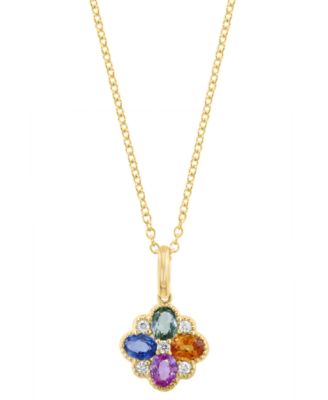 EFFY&reg; Multi-Sapphire (7/8 ct. t.w.) & Diamond (1/10 ct. t.w.) Flower 18" Pendant Necklace in 14k Gold