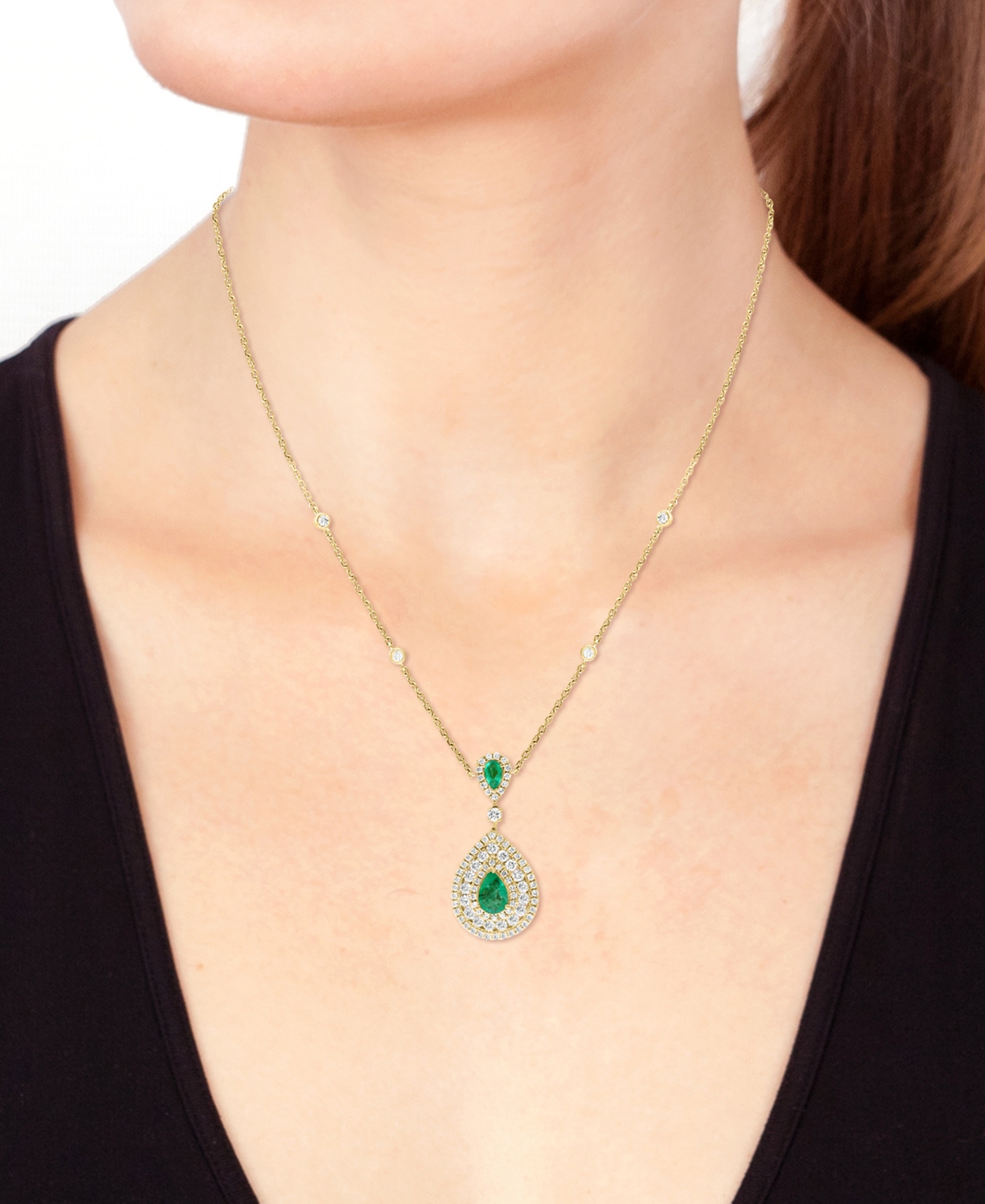 EFFY COLLECTION EFFY EMERALD (3/4 CT. T.W.) & DIAMOND (1-1/8 CT. T.W.) DOUBLE PEAR HALO 18" PENDANT NECKLACE IN 14K  