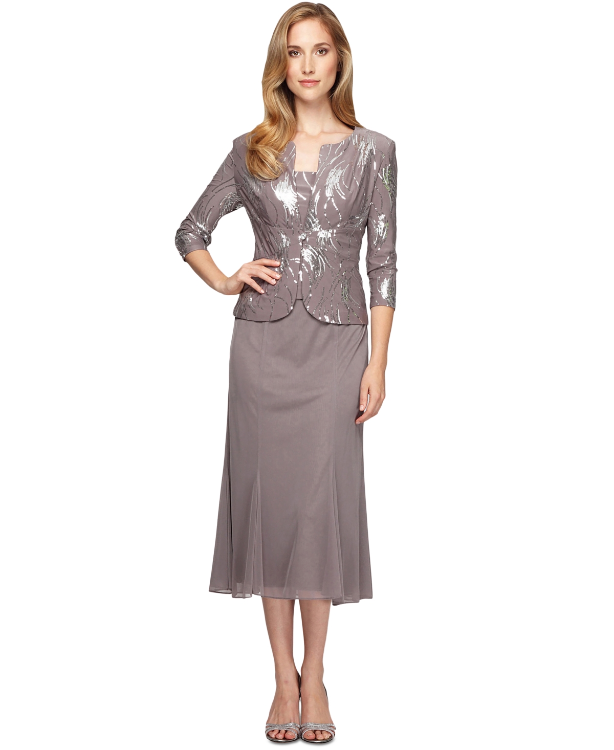 Sequined A-Line Midi Dress and Jacket - Navy