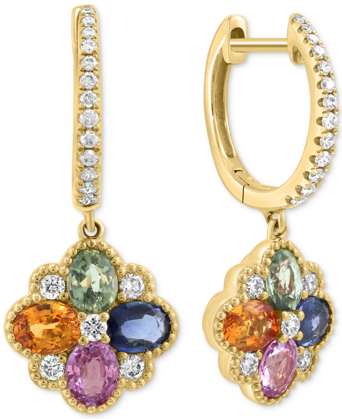 EFFY COLLECTION EFFY MULTI-SAPPHIRE (1-7/8 CT. T.W.) & DIAMOND FLOWER DANGLE HOOP EARRINGS IN 14K GOLD 