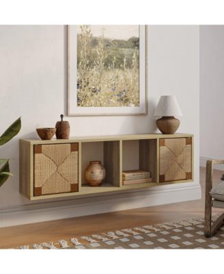 Mid-Century Modern Rope 47.2" Floating Wall Mount 2 Door Wood Cabinet