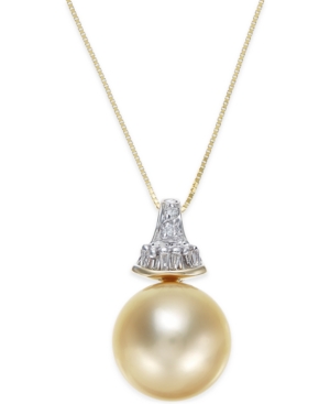 image of Cultured Golden South Sea Pearl (12mm) and Diamond (1/8 ct. t.w.) Pendant Necklace in 14k Gold