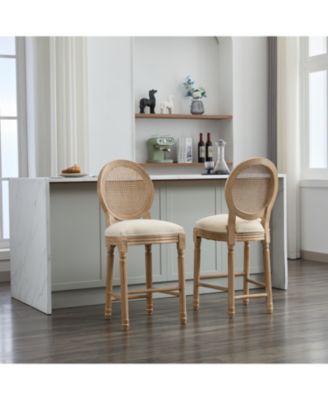 Solid Wood Bar Stools Set of 2, Rattan Back Kitchen Bar Chairs with Upholstered Seat-The Pop Home