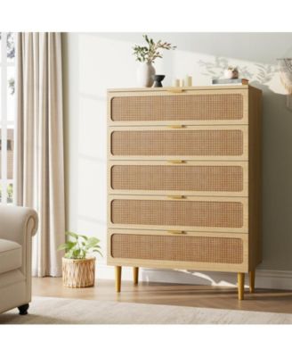 5-Drawer Wood & Rattan Tall Dresser with Deep Drawers, Wide Top Large Chest for Bedroom, Living Room, Hallway, Kids Room