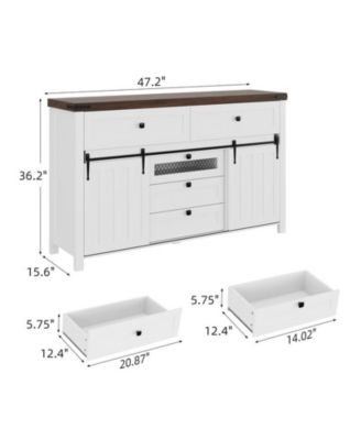 Farmhouse Buffet Cabinet, Sideboard Storage Cabinet with 5 Drawers and Sliding Barn Doors, Wood Coffee Bar Table with Adjustable Shelf for Living Room, Dining Room