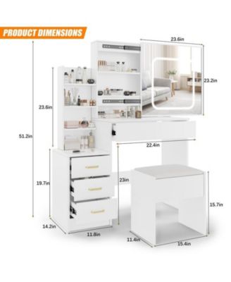 Vanity Desk with Sliding Mirror and Led Lights, Vanity Table with Power Outlet, Bedroom Makeup Table with 4 Drawers, 3 Color Lighting Modes