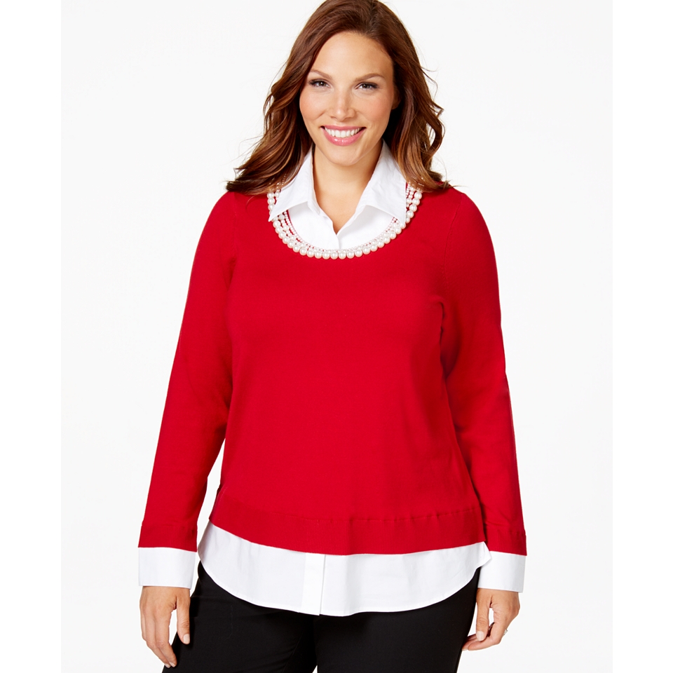 Charter Club Plus Size Embellished Layered Look Sweater, Only at 