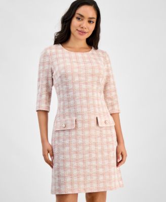 Petite Checkered Tweed 3/4-Sleeve Sheath Dress
