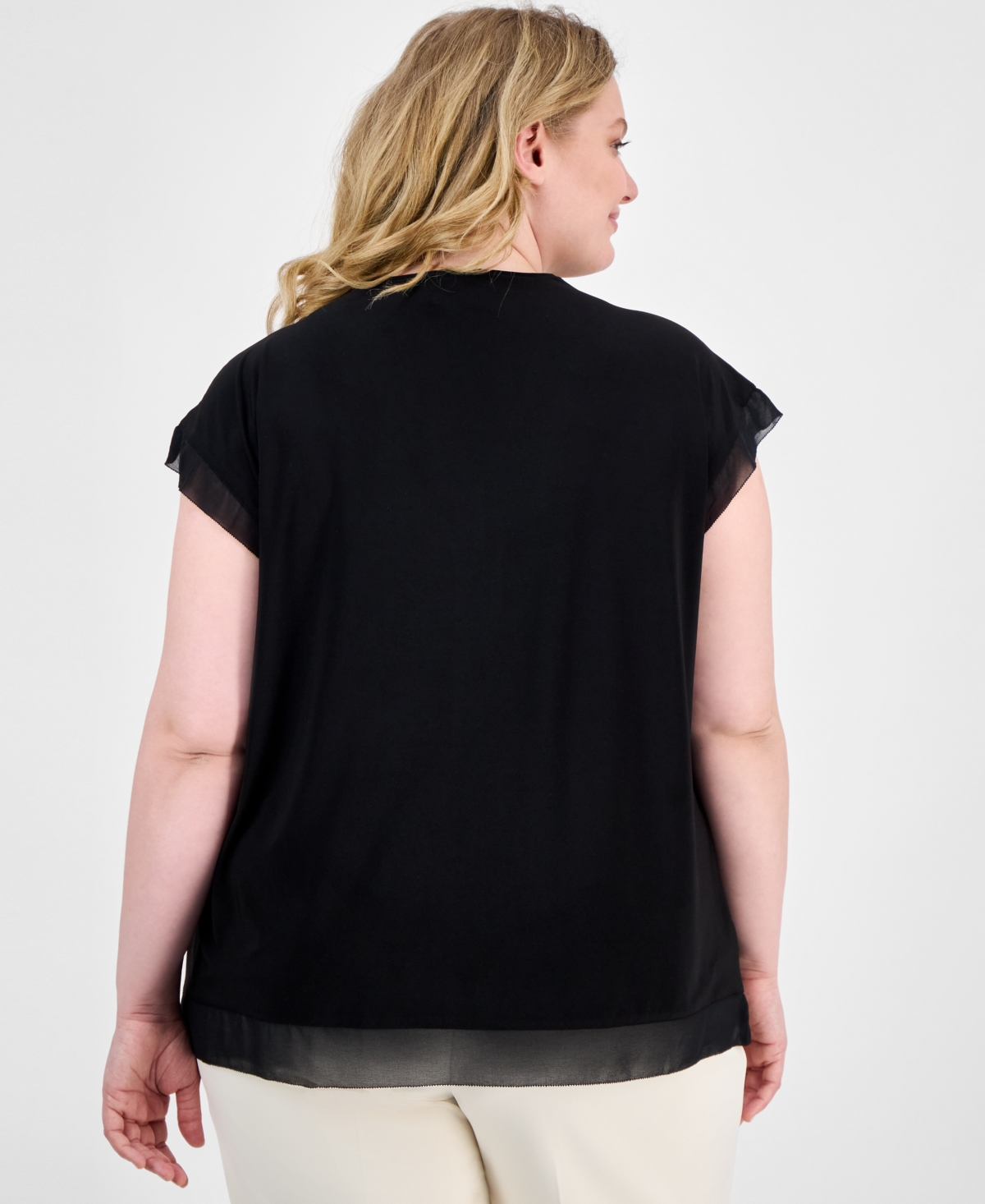 Anne Klein Plus Size V-neck Mixed-media Box-pleat Top In Anne Black