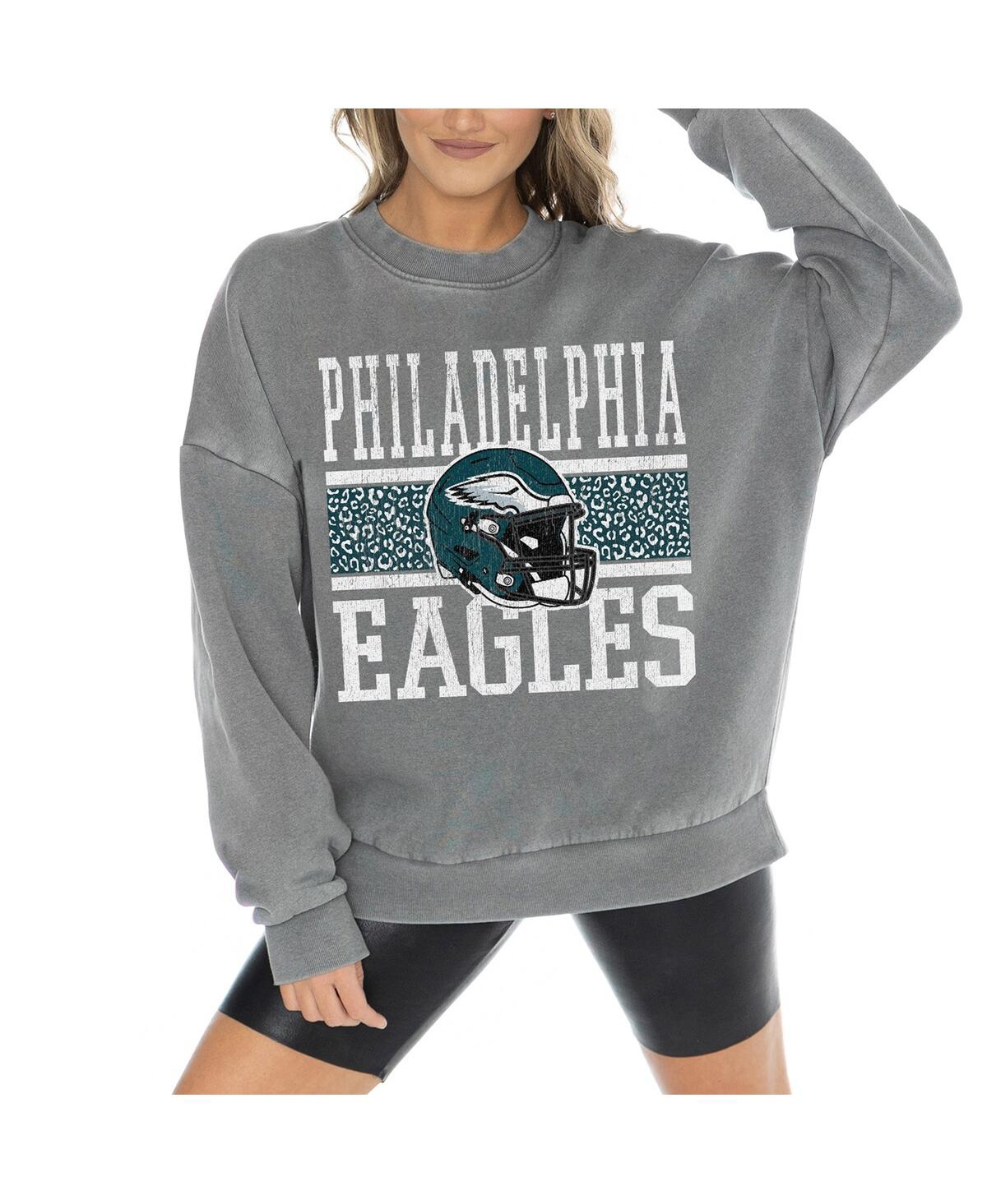 GAMEDAY COUTURE WOMEN'SÂ GRAY PHILADELPHIA EAGLES VINTAGE WASH OVERSIZED CREWNECK FLEECE PULLOVER 