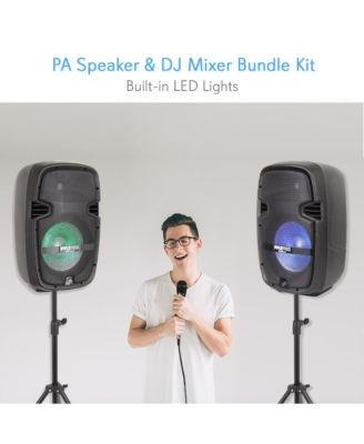 Stage & Studio PA Speaker & DJ Mixer Bundle Kit - (2) 10" Bluetooth PA Loudspeakers with Built-in LED Lights, 8-Ch. Audio Mixer, Speaker Stands, Wired Microphone (600W)