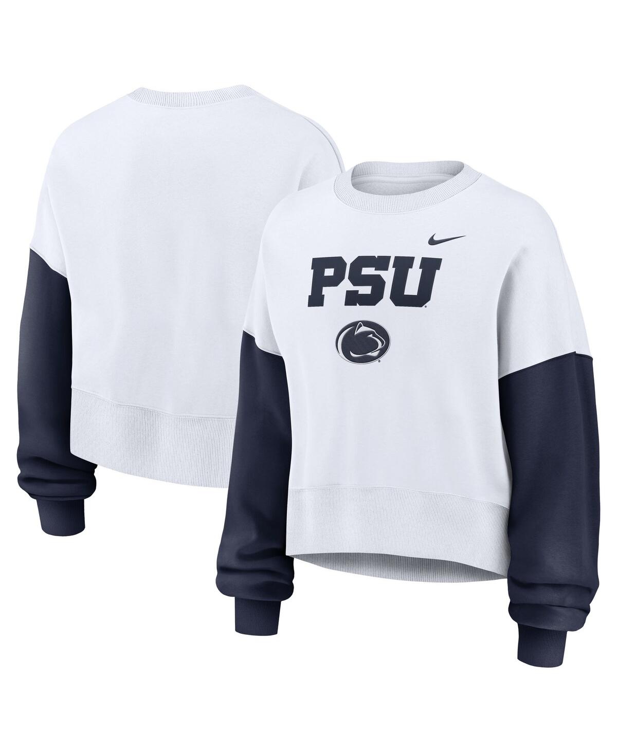 Nike Women's White Penn State Nittany Lions Color-block Oversized Cropped Pullover Sweatshirt In White