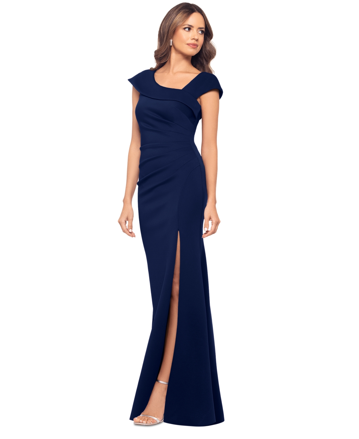 Xscape Petite Asymmetric Front Slit Evening Gown In Midnight