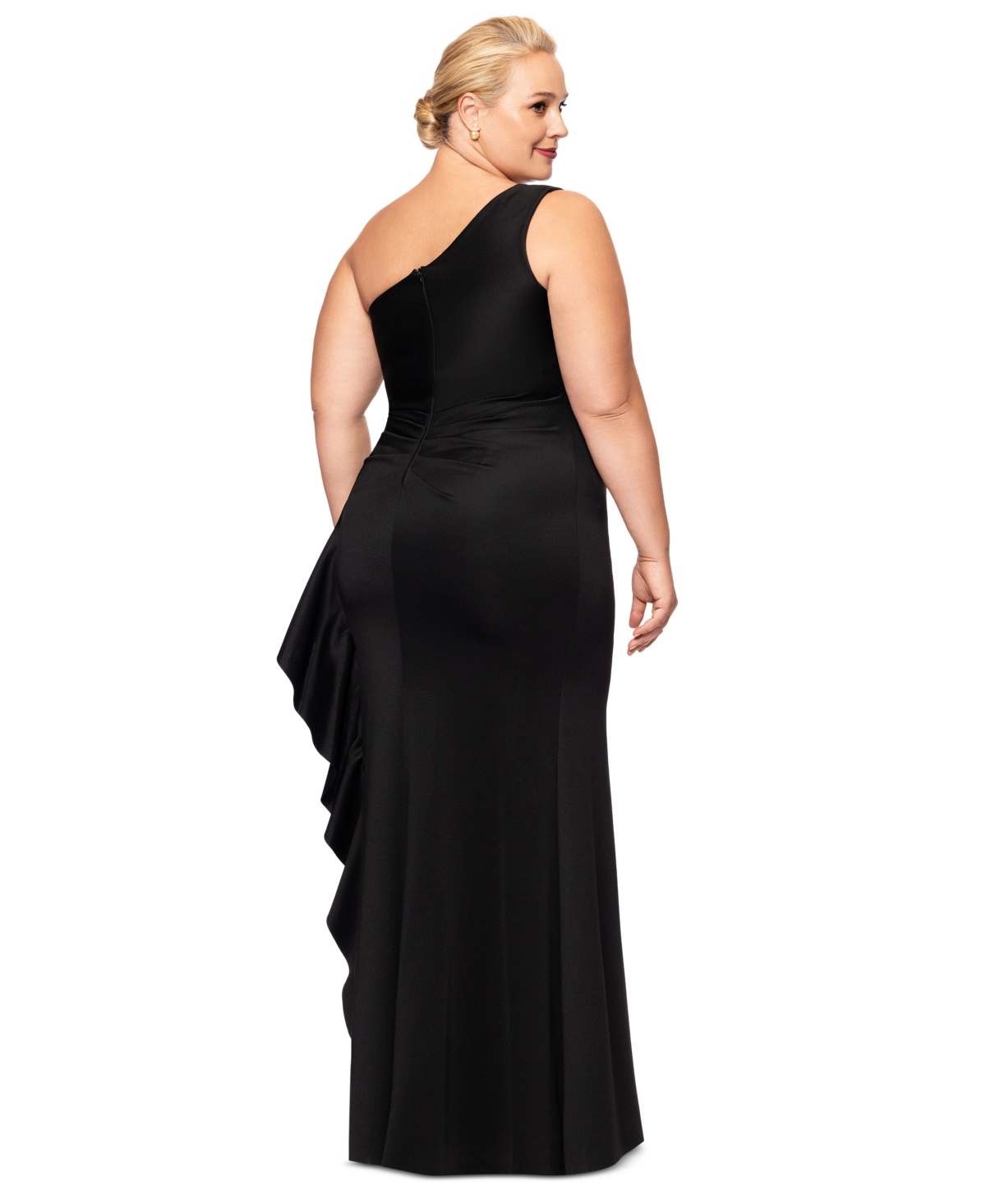 Xscape Plus Size Cascading One-shoulder Gown In Black