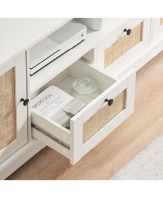 Rattan TV Stand, Modern Entertainment Center for 65/70 Inch TV, White Media Center with 2 Drawers and 2 Cabinets with Adjustable Shelf