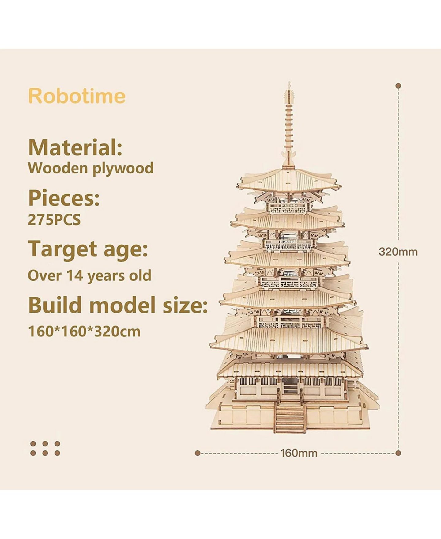 Детские конструкторы Robotime 3D Puzzles Wooden Model DIY Pagoda Mechancial Construction Creative Jigsaw Craft Kits Gift, Beige, 6.3"6.3"12.6" — фото 3