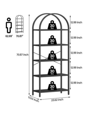 Bookshelf 5 Tier Bookcase Arched Display Racks Tall Standing Bookshelves Metal Frame Open Storage Rack Shelf Large Black Book Shelf for Bedroom, Living Room, Home Office