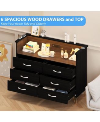 Dresser in Black Large Dresser for Bedroom with Power Outlet and LED Lights Storage Cabinet with 6 Drawers and 2 Open Shelves for Living Room, Foyer and Bedroom